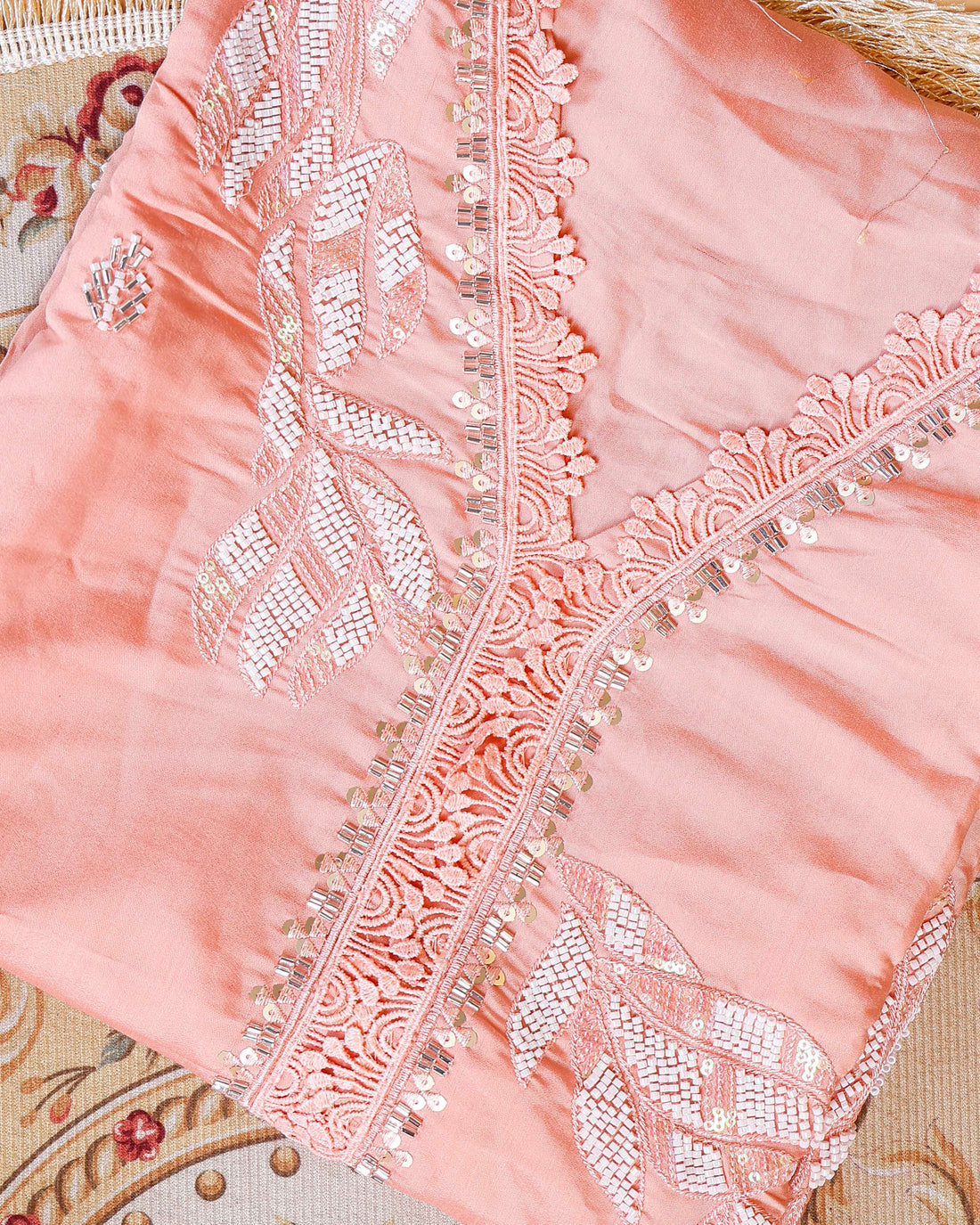 Women's Unstitched Salwar Material Set with Intricate Embroidered Neckline and Lightweight Dupatta - Peach
