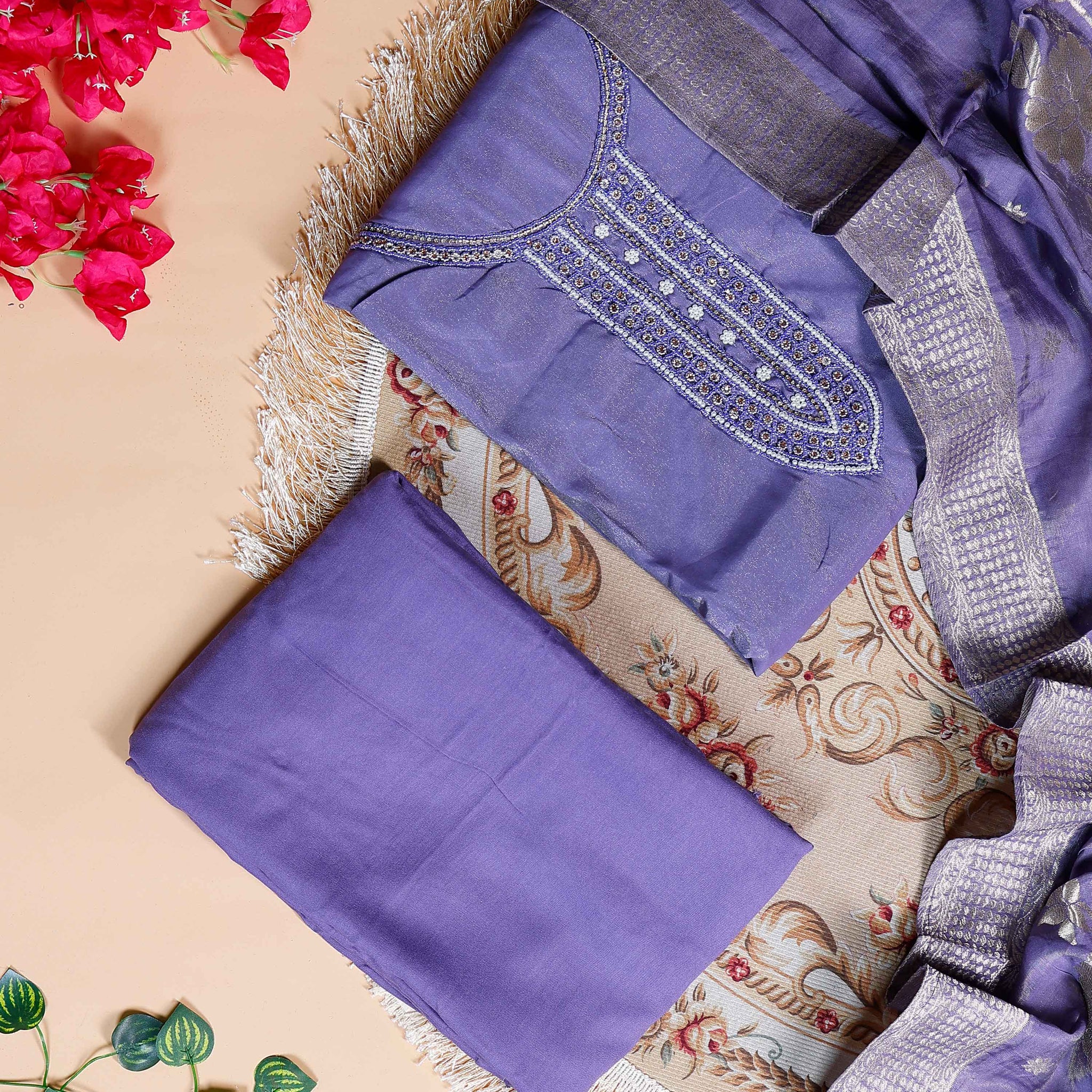 Women's Unstitched Salwar Material with Sequined Embroidery and Complementary Dupatta - Purple