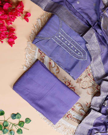Women's Unstitched Salwar Material with Sequined Embroidery and Complementary Dupatta - Purple