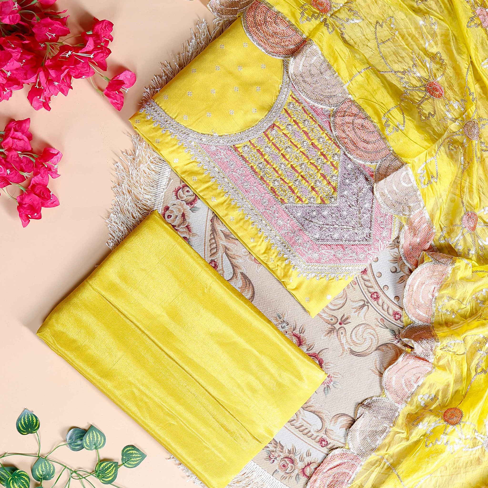 Women's Embroidered Floral Motif Salwar Suit Material with Dupatta - Yellow