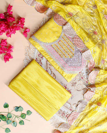 Women's Embroidered Floral Motif Salwar Suit Material with Dupatta - Yellow