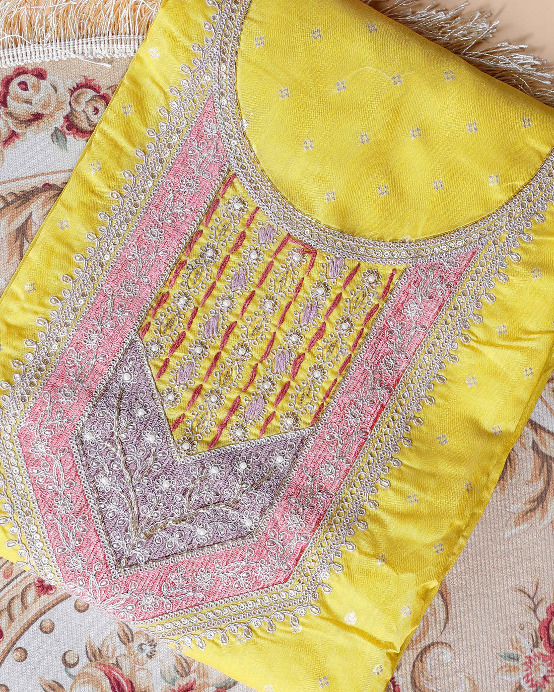 Women's Embroidered Floral Motif Salwar Suit Material with Dupatta - Yellow