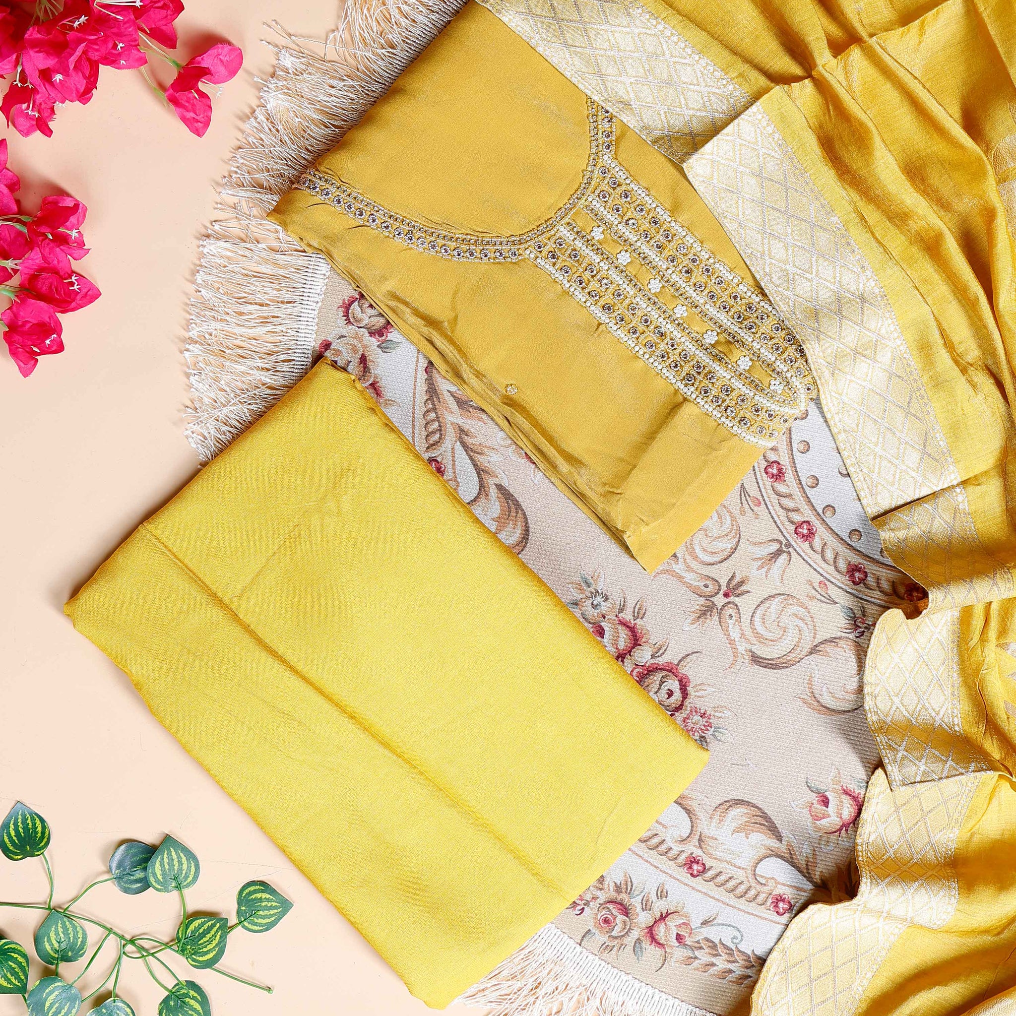 Women's Unstitched Salwar Material with Sequined Embroidery and Complementary Dupatta - Mustard