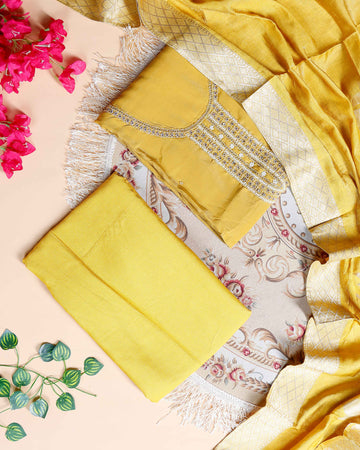 Women's Unstitched Salwar Material with Sequined Embroidery and Complementary Dupatta - Mustard