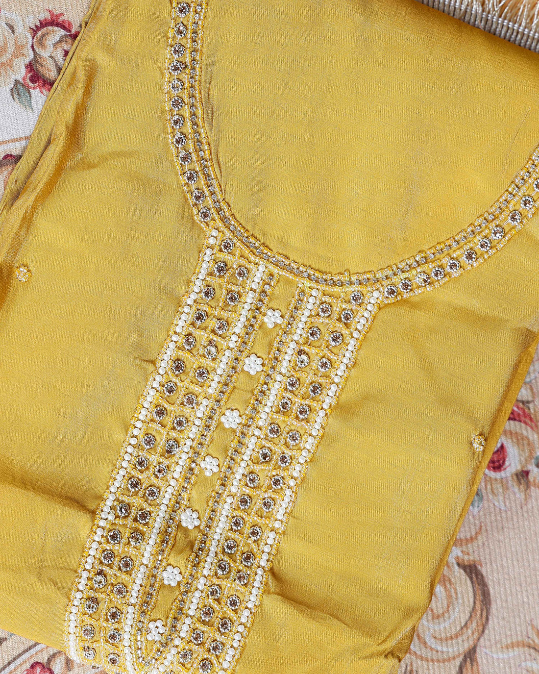 Women's Unstitched Salwar Material with Sequined Embroidery and Complementary Dupatta - Mustard
