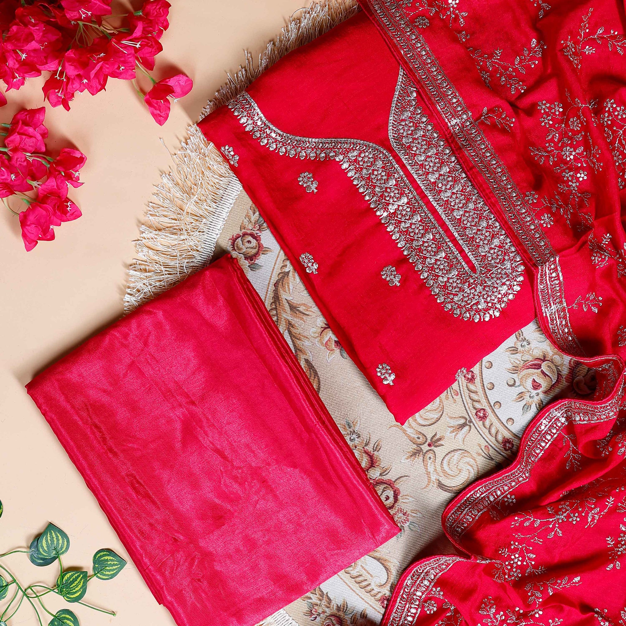 Women's Embellished Unstitched Salwar Suit Material with Dupatta - Red