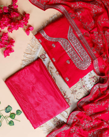 Women's Embellished Unstitched Salwar Suit Material with Dupatta - Red