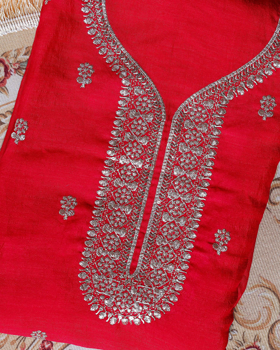 Women's Embellished Unstitched Salwar Suit Material with Dupatta - Red