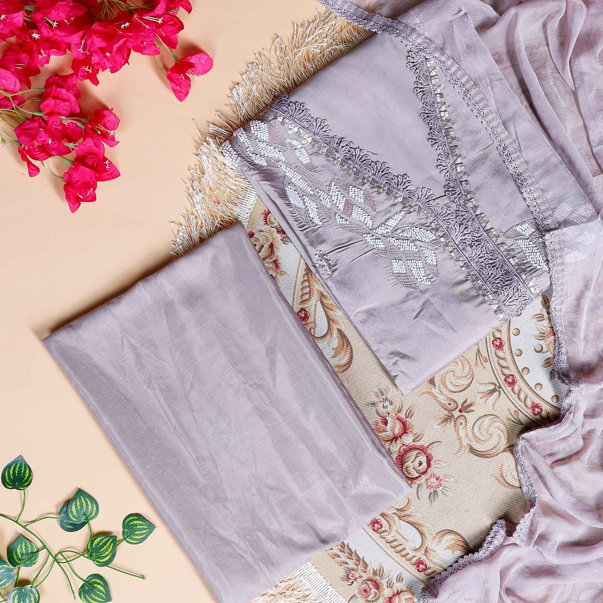 Women's Unstitched Salwar Material Set with Intricate Embroidered Neckline and Lightweight Dupatta - Light Purple