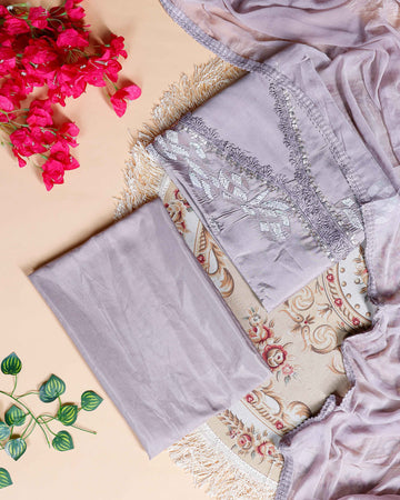 Women's Unstitched Salwar Material Set with Intricate Embroidered Neckline and Lightweight Dupatta - Light Purple