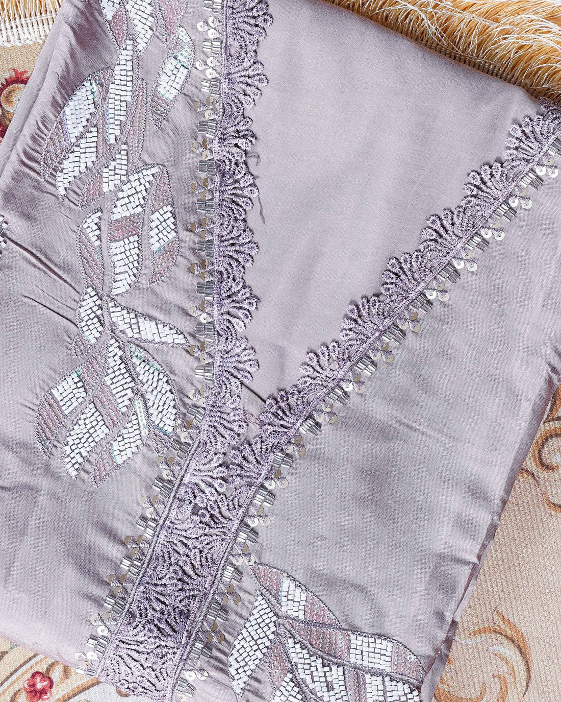 Women's Unstitched Salwar Material Set with Intricate Embroidered Neckline and Lightweight Dupatta - Light Purple