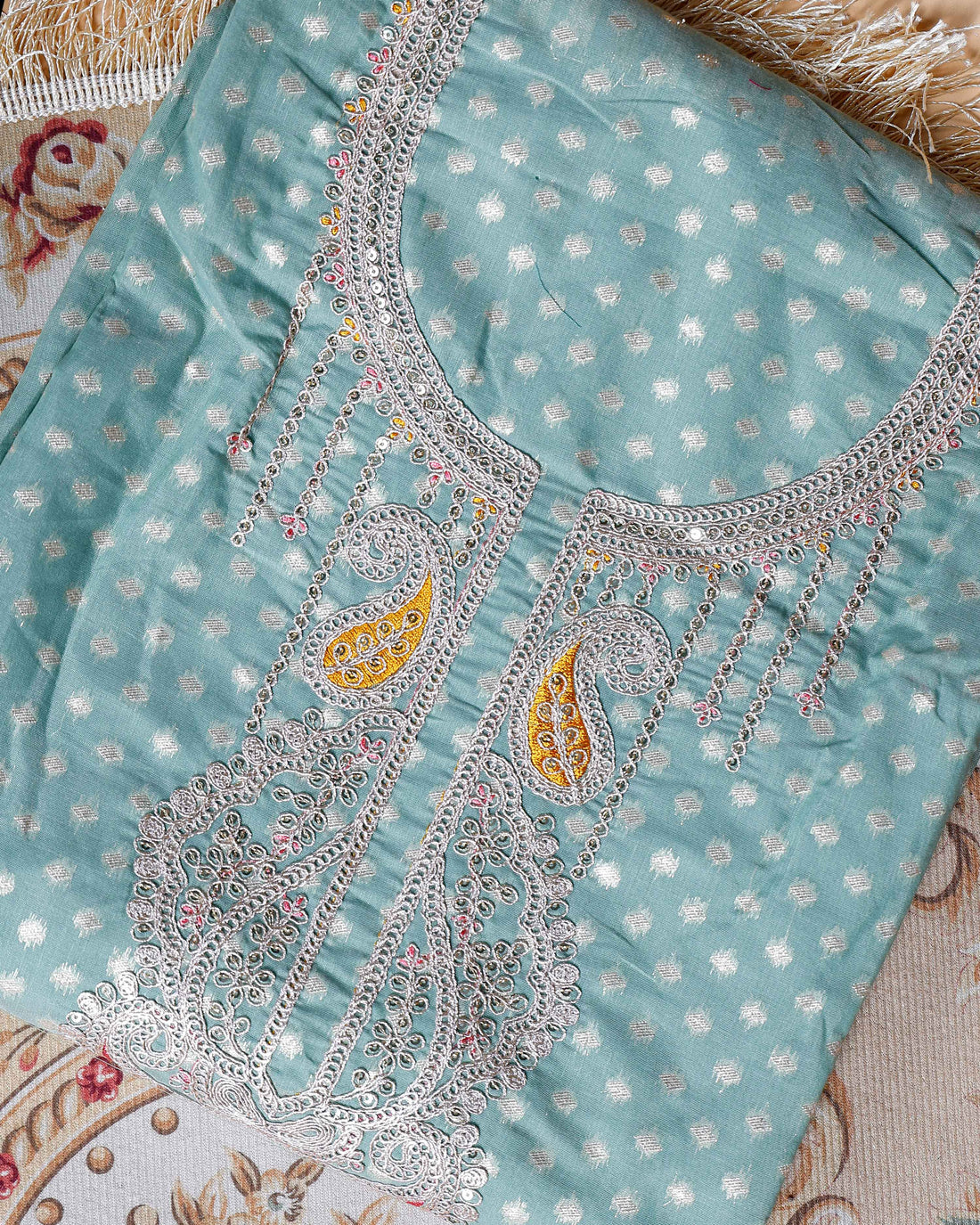Women's Unstitched Art Silk Salwar Suit Material with Self-Design & Embroidered Neckline - Light Blue