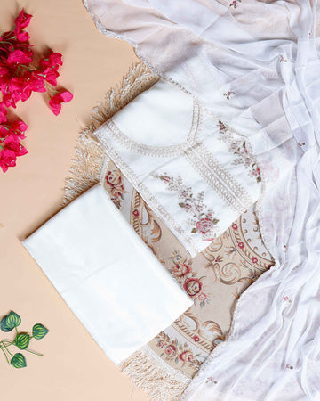 Women's Elegant Unstitched Salwar Suit with Embellished Neckline & Dupatta - White