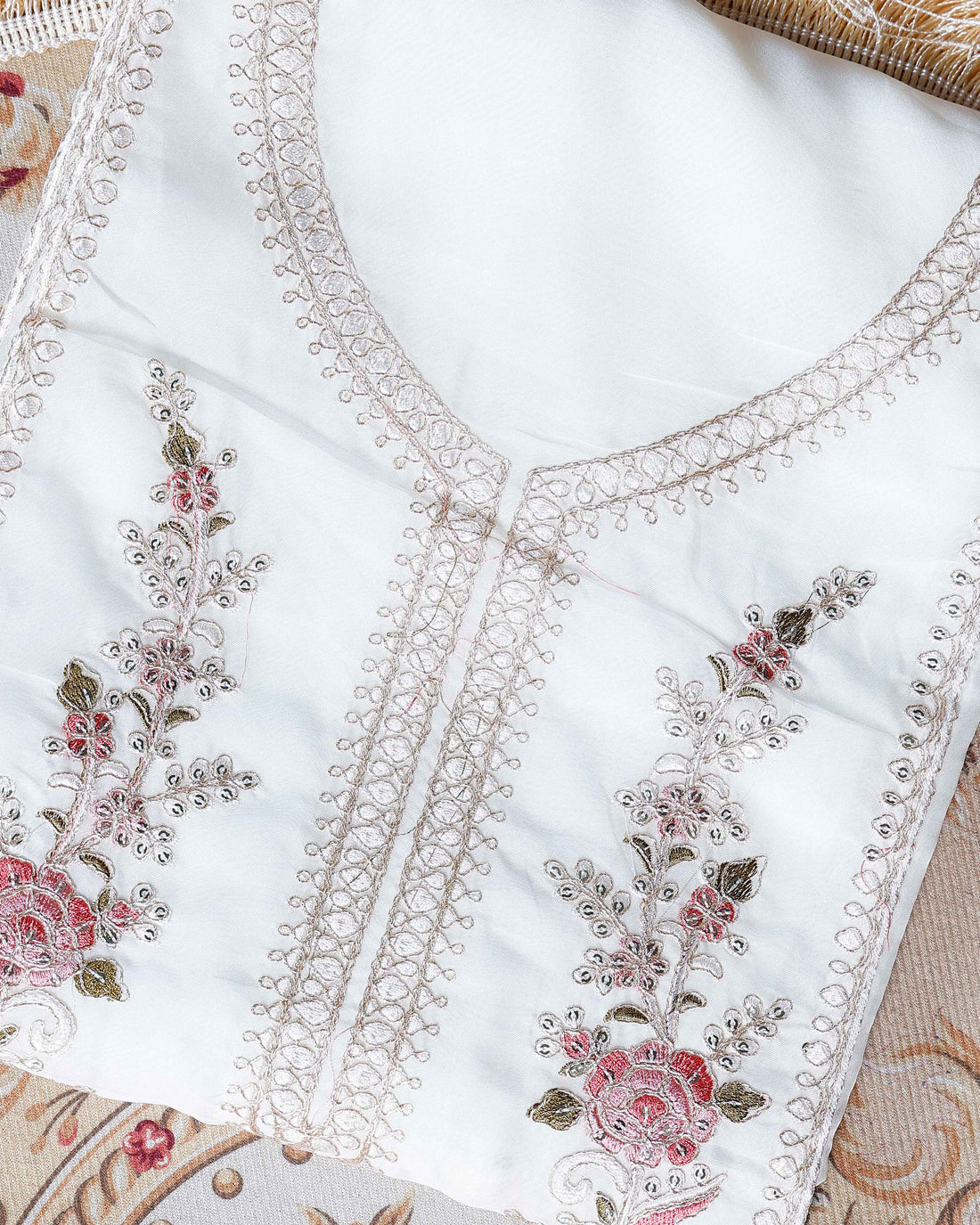Women's Elegant Unstitched Salwar Suit with Embellished Neckline & Dupatta - White