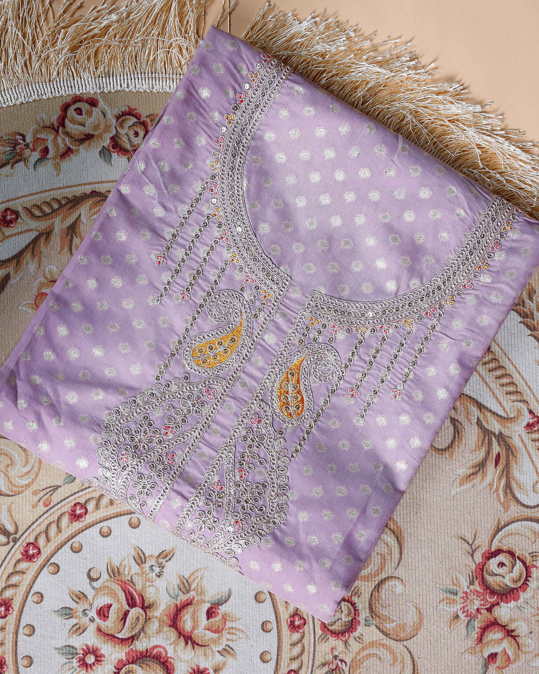 Women's Unstitched Art Silk Salwar Suit Material with Self-Design & Embroidered Neckline - Lavender