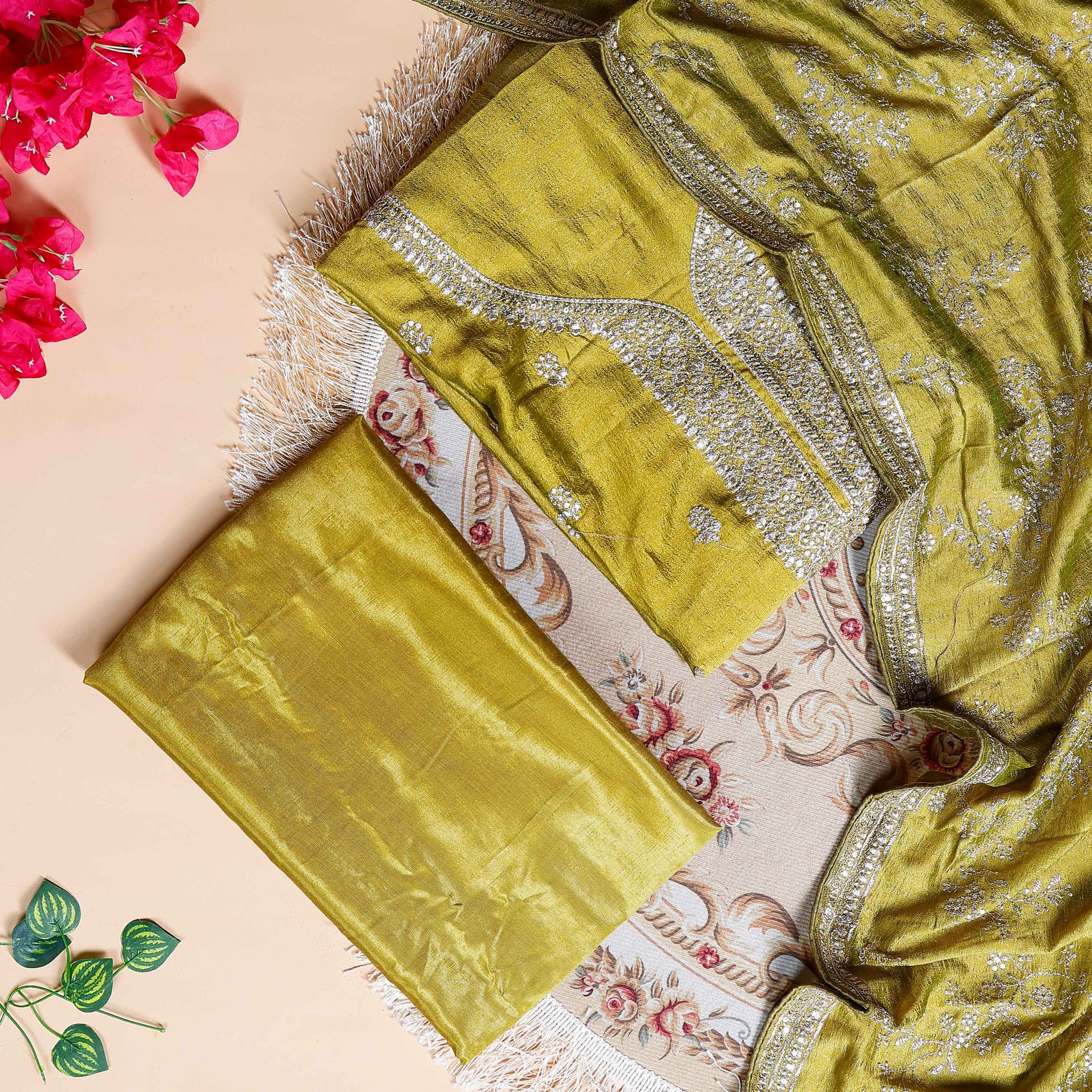 Women's Embellished Unstitched Salwar Suit Material with Dupatta - Green
