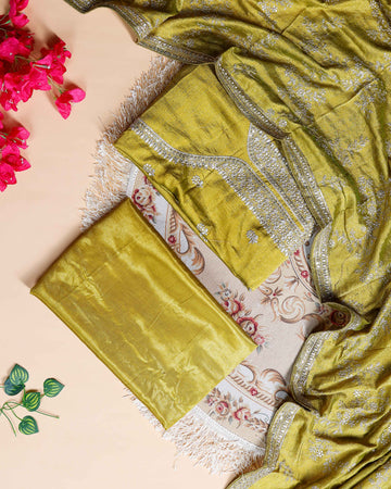 Women's Embellished Unstitched Salwar Suit Material with Dupatta - Green