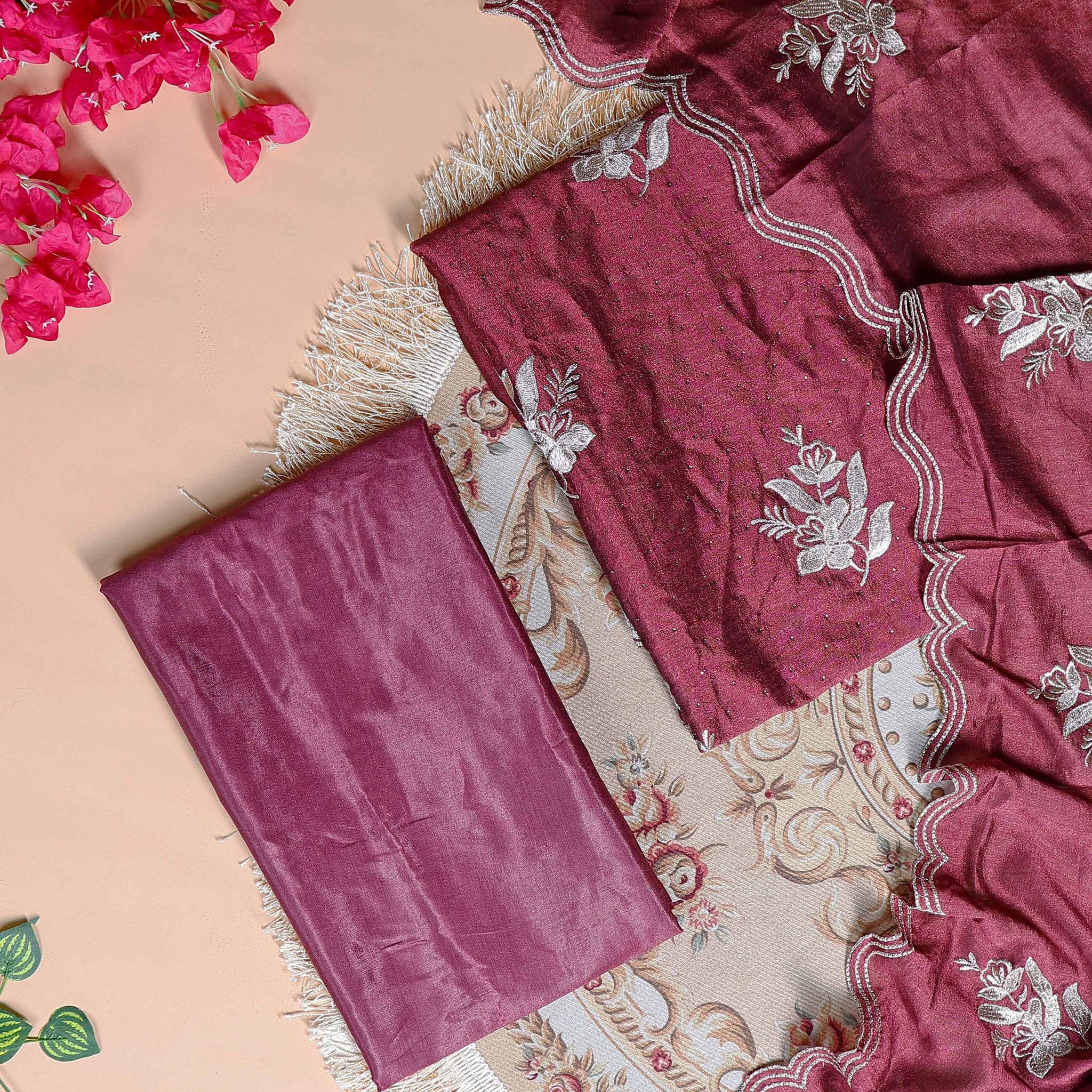 Women's Unstitched Salwar Material with Intricate Sequence Embroidery and Scalloped Border Design - Purple