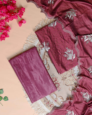 Women's Unstitched Salwar Material with Intricate Sequence Embroidery and Scalloped Border Design - Purple