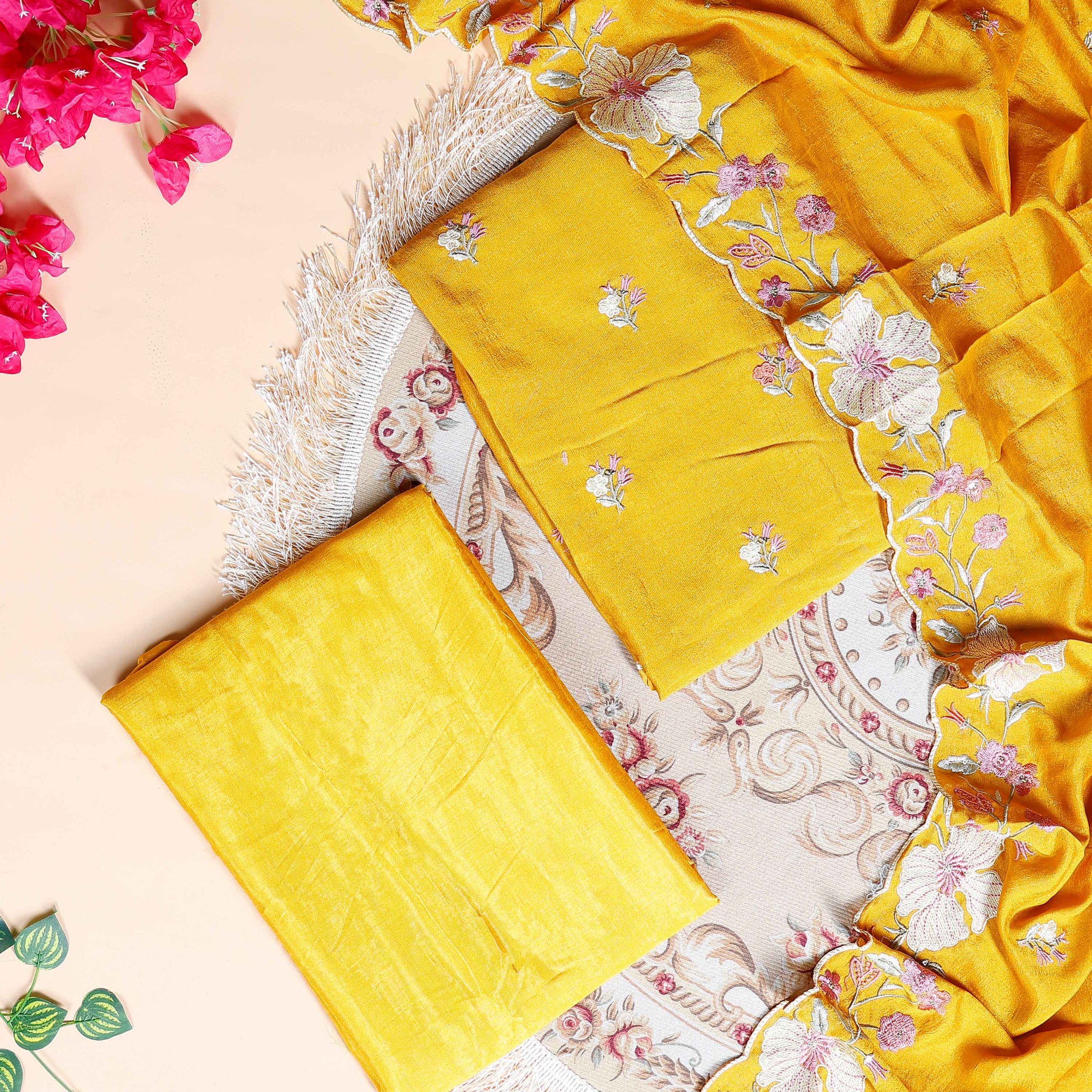 Women's Designer Unstitched Salwar Material with Intricate Floral Work - Yellow