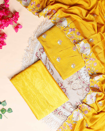 Women's Designer Unstitched Salwar Material with Intricate Floral Work - Yellow