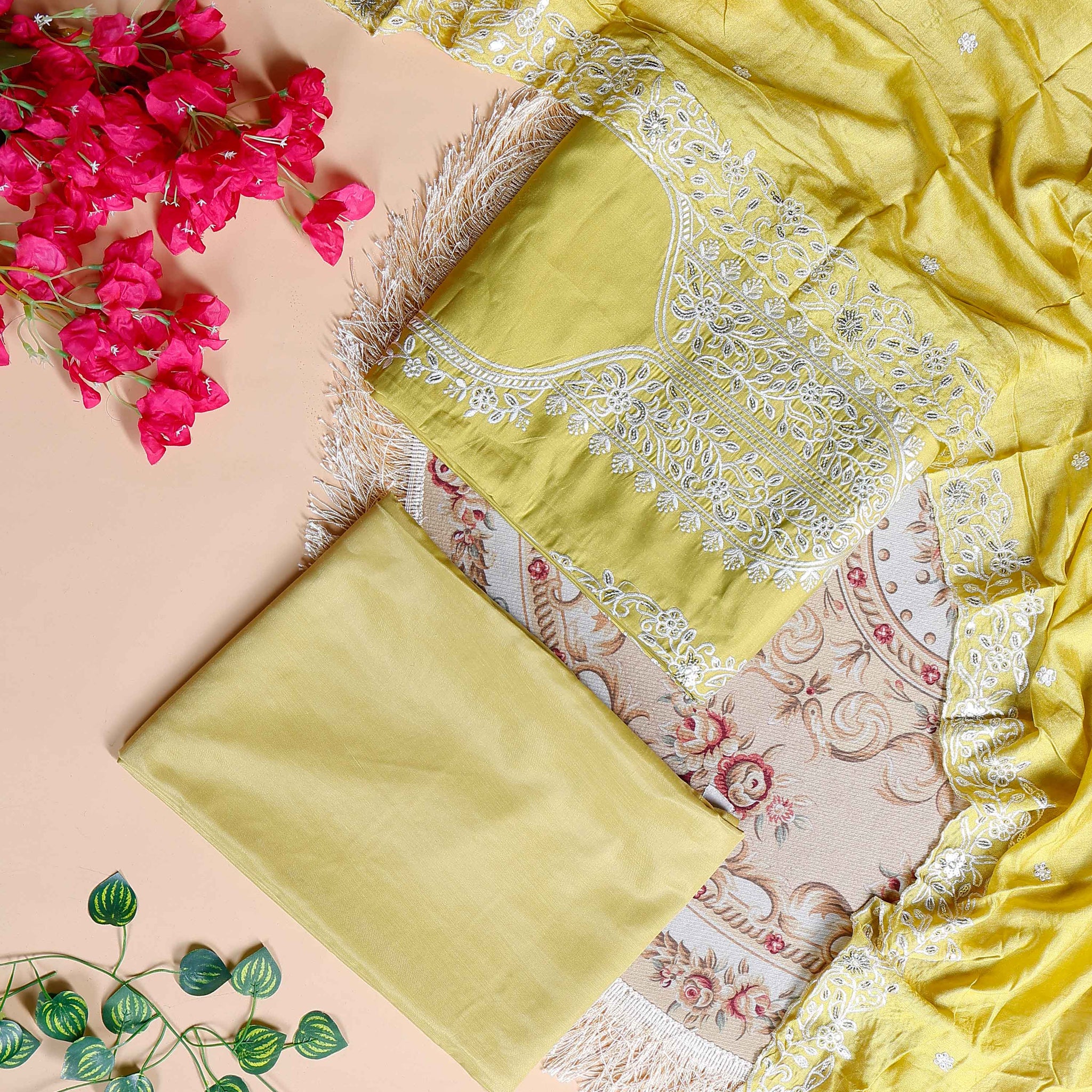 Women's Elegant Unstitched Embroidered Salwar Suit Material with Dupatta - Green