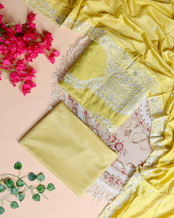 Women's Elegant Unstitched Embroidered Salwar Suit Material with Dupatta - Green