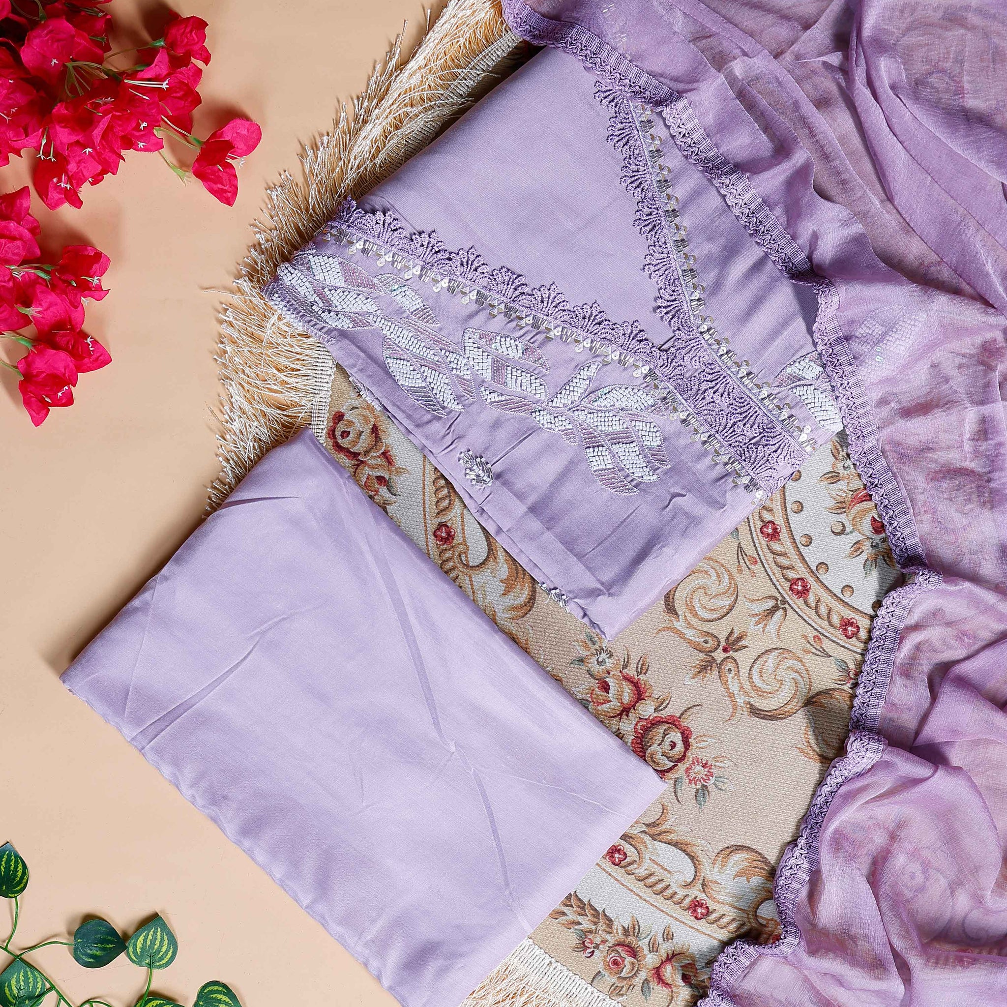 Women's Unstitched Salwar Material Set with Intricate Embroidered Neckline and Lightweight Dupatta - Lavender