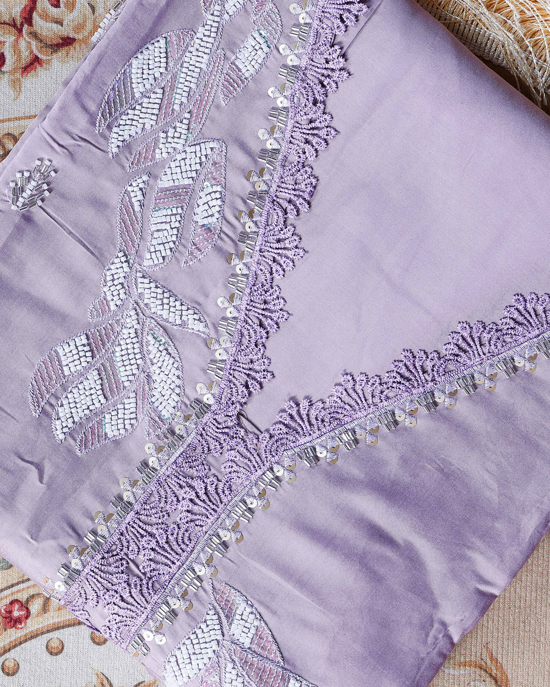 Women's Unstitched Salwar Material Set with Intricate Embroidered Neckline and Lightweight Dupatta - Lavender