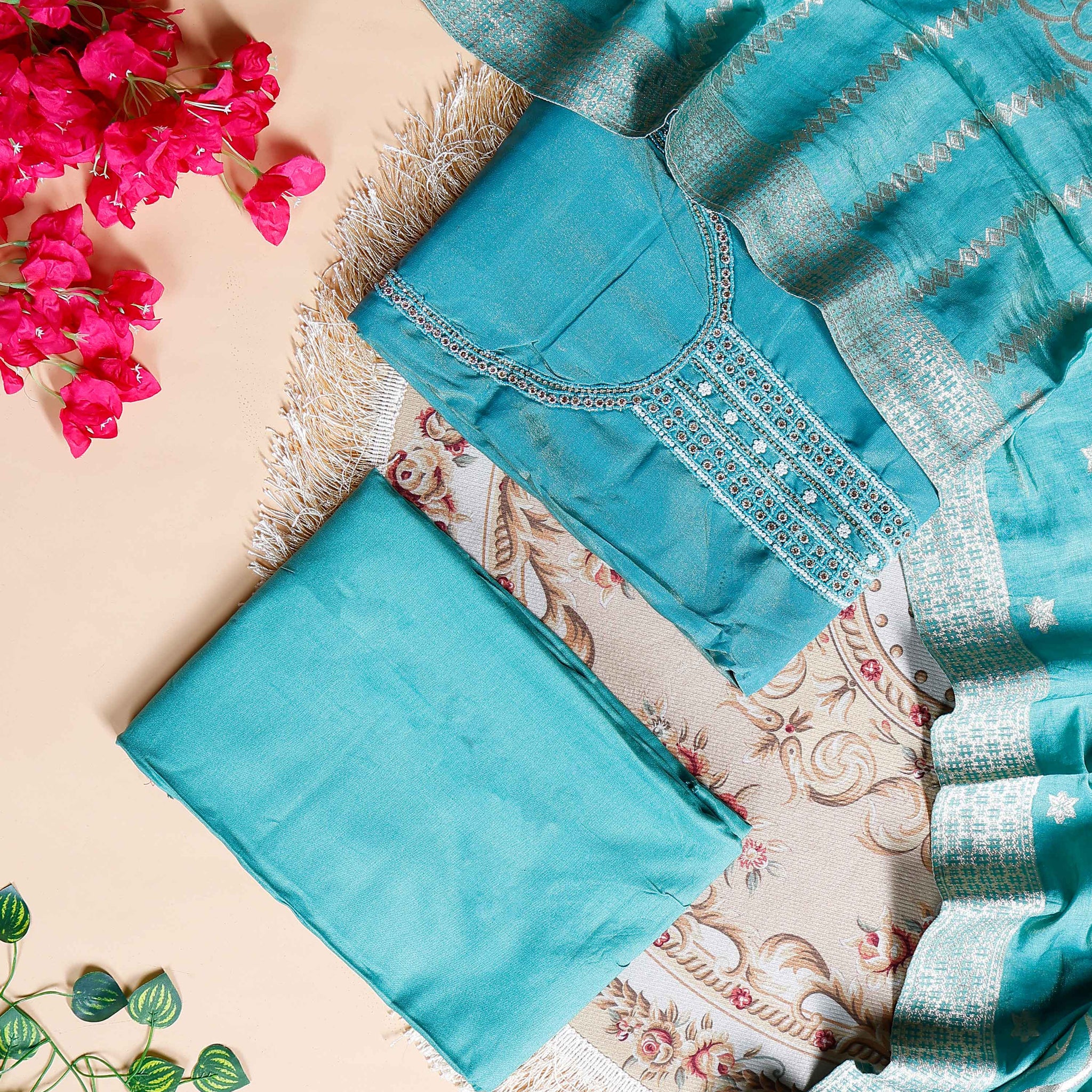 Women's Unstitched Salwar Material with Sequined Embroidery and Complementary Dupatta  - Teal