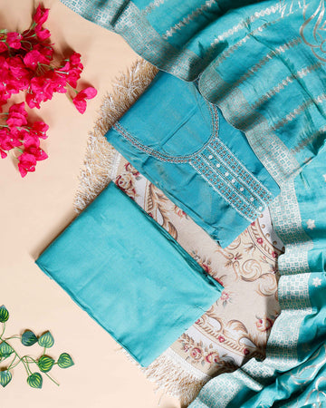 Women's Unstitched Salwar Material with Sequined Embroidery and Complementary Dupatta  - Teal