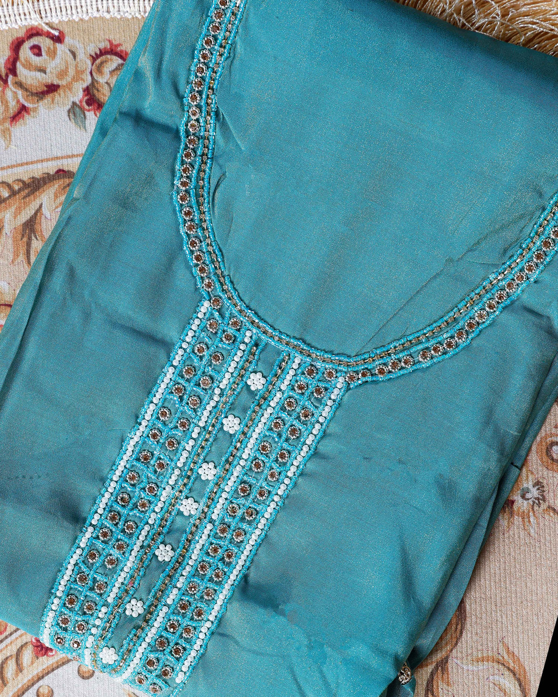 Women's Unstitched Salwar Material with Sequined Embroidery and Complementary Dupatta  - Teal