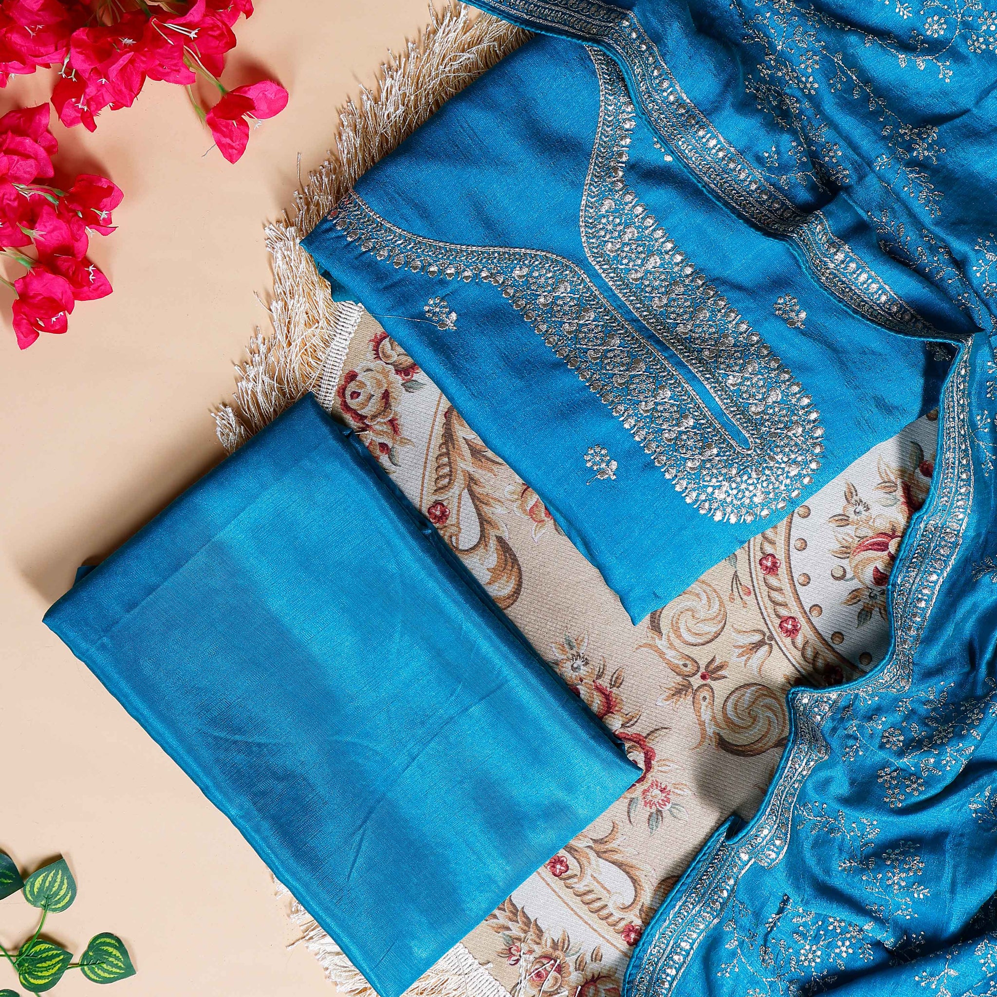 Women's Embellished Unstitched Salwar Suit Material with Dupatta - Blue