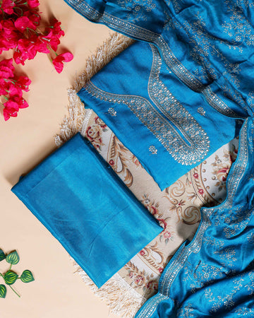 Women's Embellished Unstitched Salwar Suit Material with Dupatta - Blue