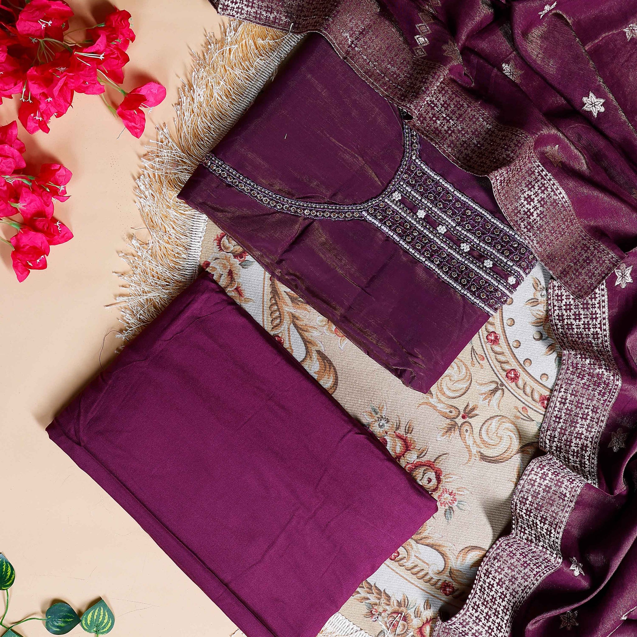 Women's Unstitched Salwar Material with Sequined Embroidery and Complementary Dupatta - Purple