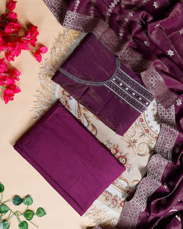 Women's Unstitched Salwar Material with Sequined Embroidery and Complementary Dupatta - Purple