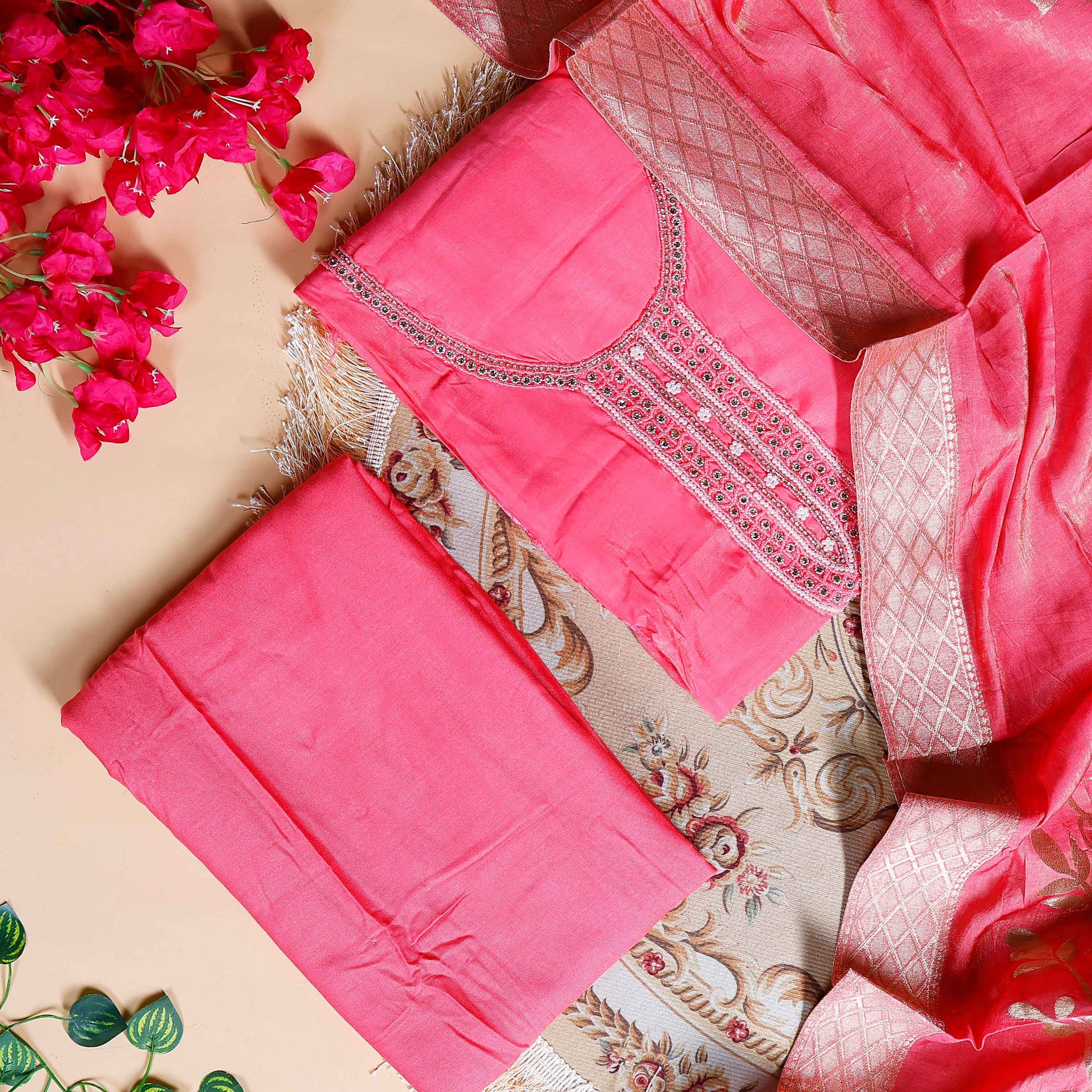 Women's Unstitched Salwar Material with Sequined Embroidery and Complementary Dupatta- Pink