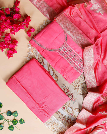 Women's Unstitched Salwar Material with Sequined Embroidery and Complementary Dupatta- Pink