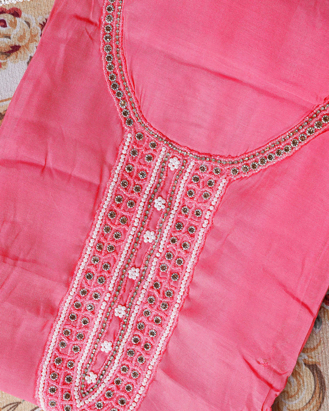 Women's Unstitched Salwar Material with Sequined Embroidery and Complementary Dupatta- Pink