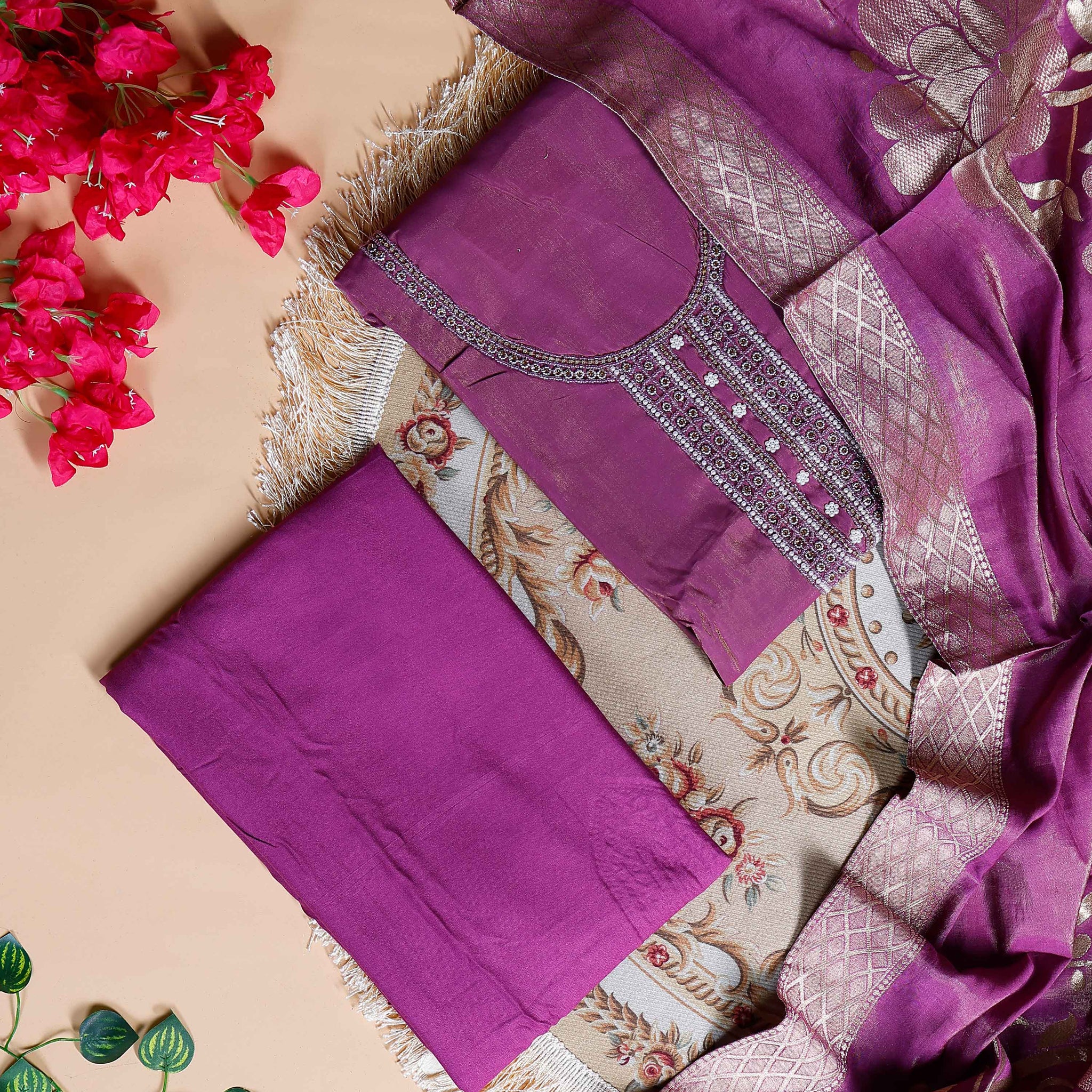 Women's Unstitched Salwar Material with Sequined Embroidery and Complementary Dupatta- Purple