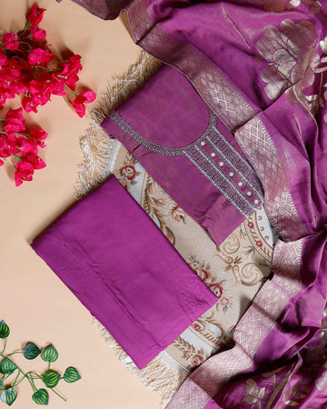 Women's Unstitched Salwar Material with Sequined Embroidery and Complementary Dupatta- Purple
