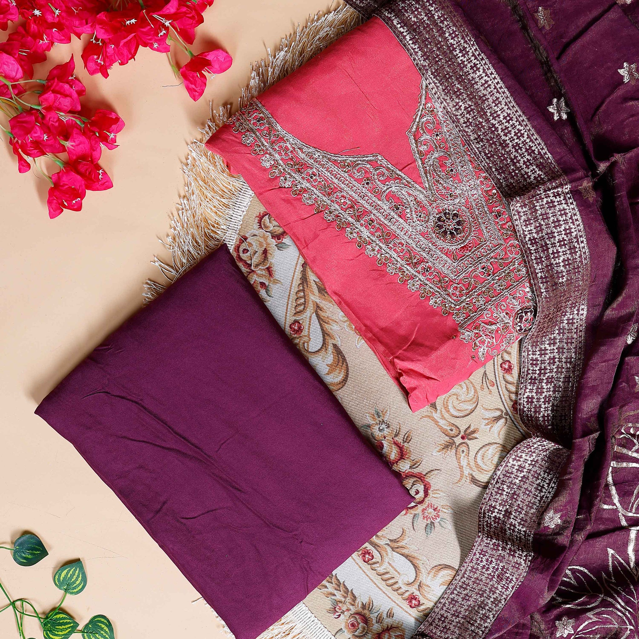 Women's Embroidered Ethnic Unstitched Salwar Suit Material with Dupatta Set - Light Red