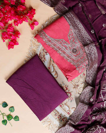 Women's Embroidered Ethnic Unstitched Salwar Suit Material with Dupatta Set - Light Red