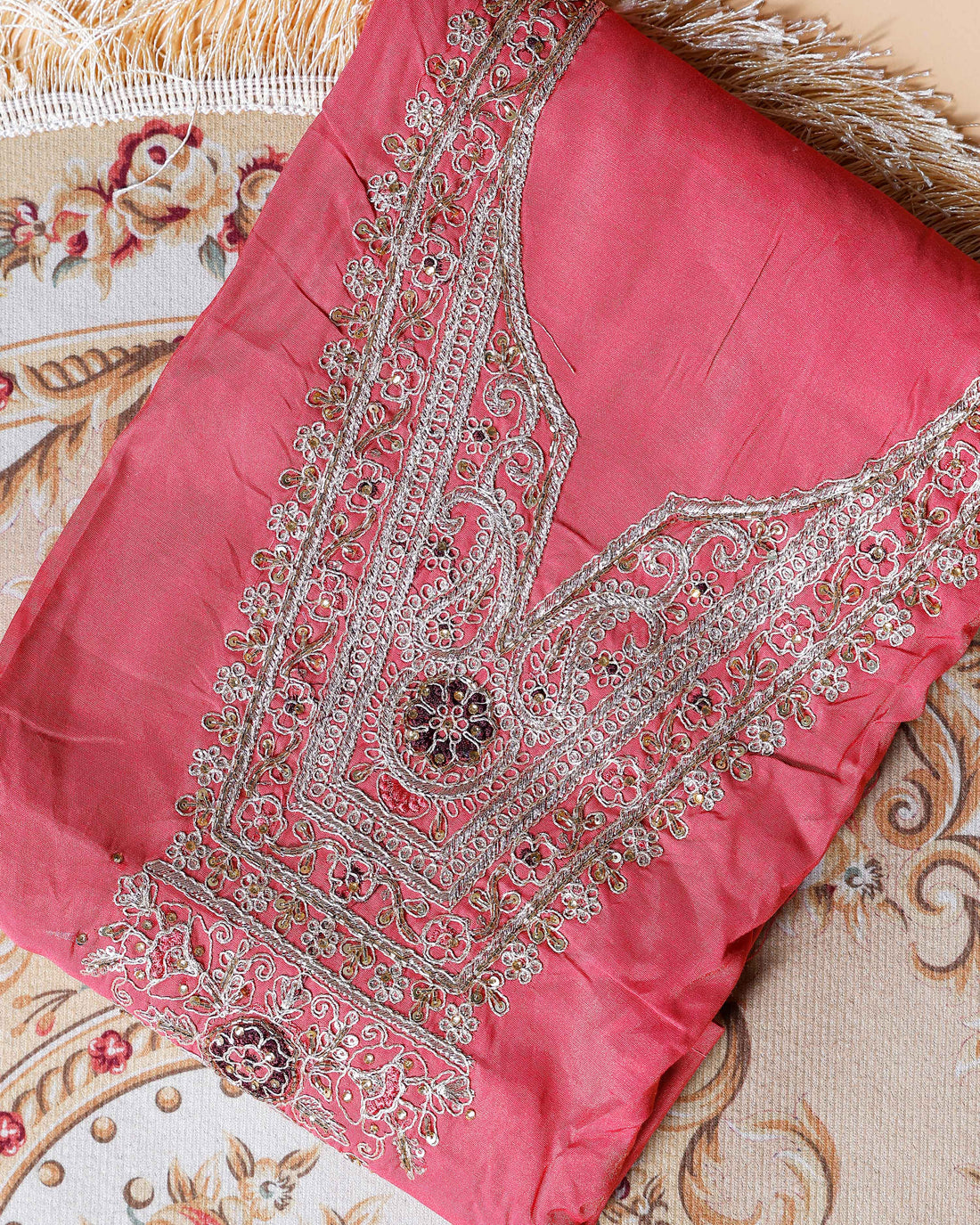 Women's Embroidered Ethnic Unstitched Salwar Suit Material with Dupatta Set - Light Red