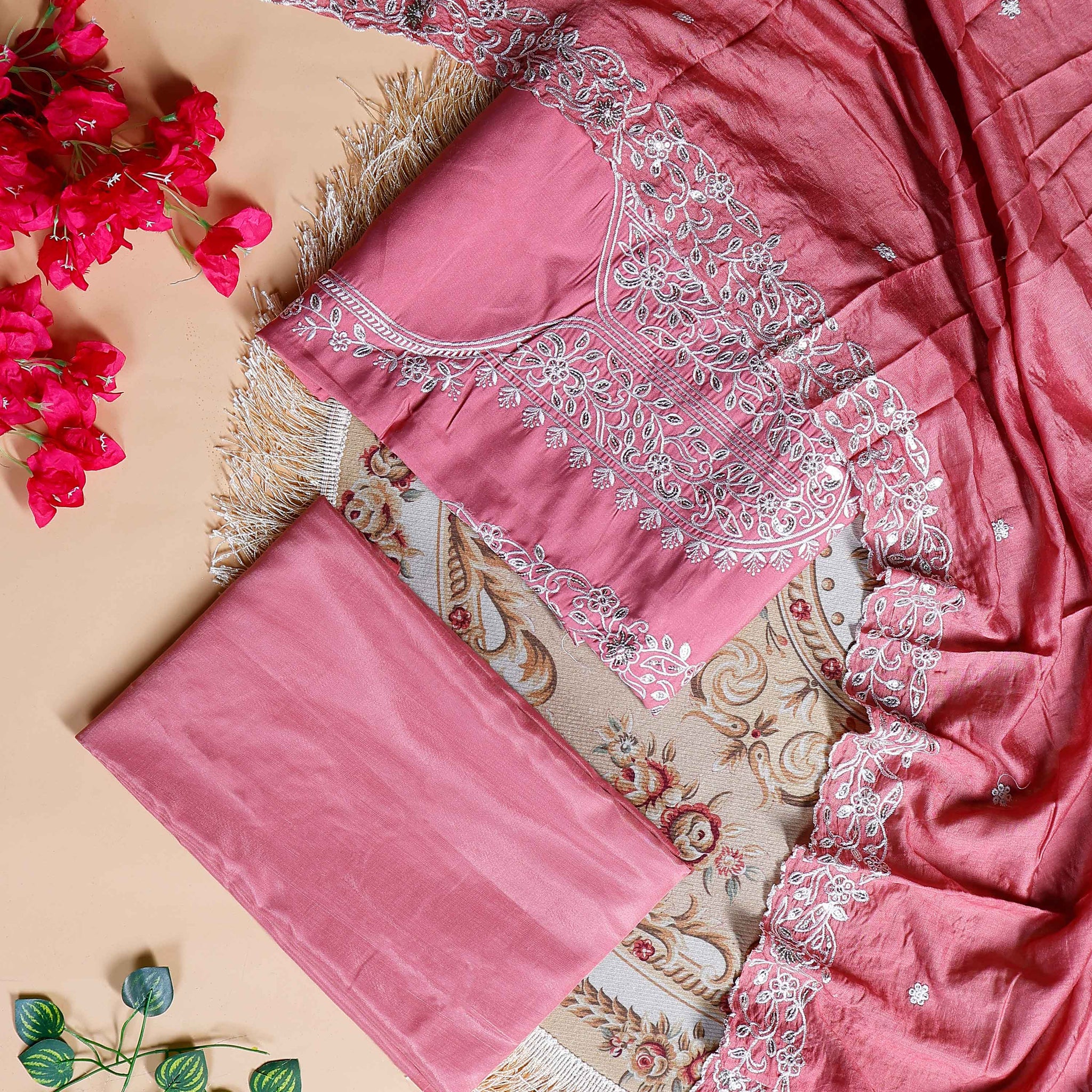 Women's Elegant Unstitched Embroidered Salwar Suit Material with Dupatta - Pink
