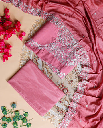 Women's Elegant Unstitched Embroidered Salwar Suit Material with Dupatta - Pink