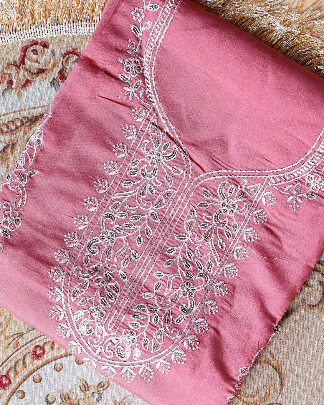 Women's Elegant Unstitched Embroidered Salwar Suit Material with Dupatta - Pink