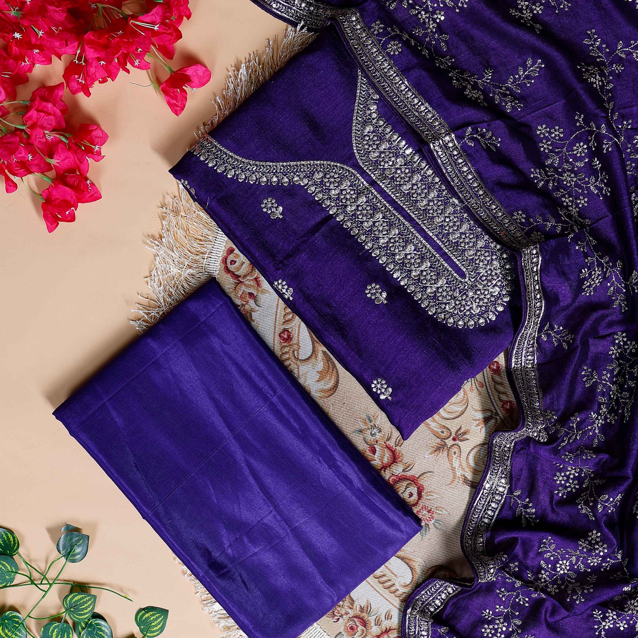 Women's Embellished Unstitched Salwar Suit Material with Dupatta - Dark Purple