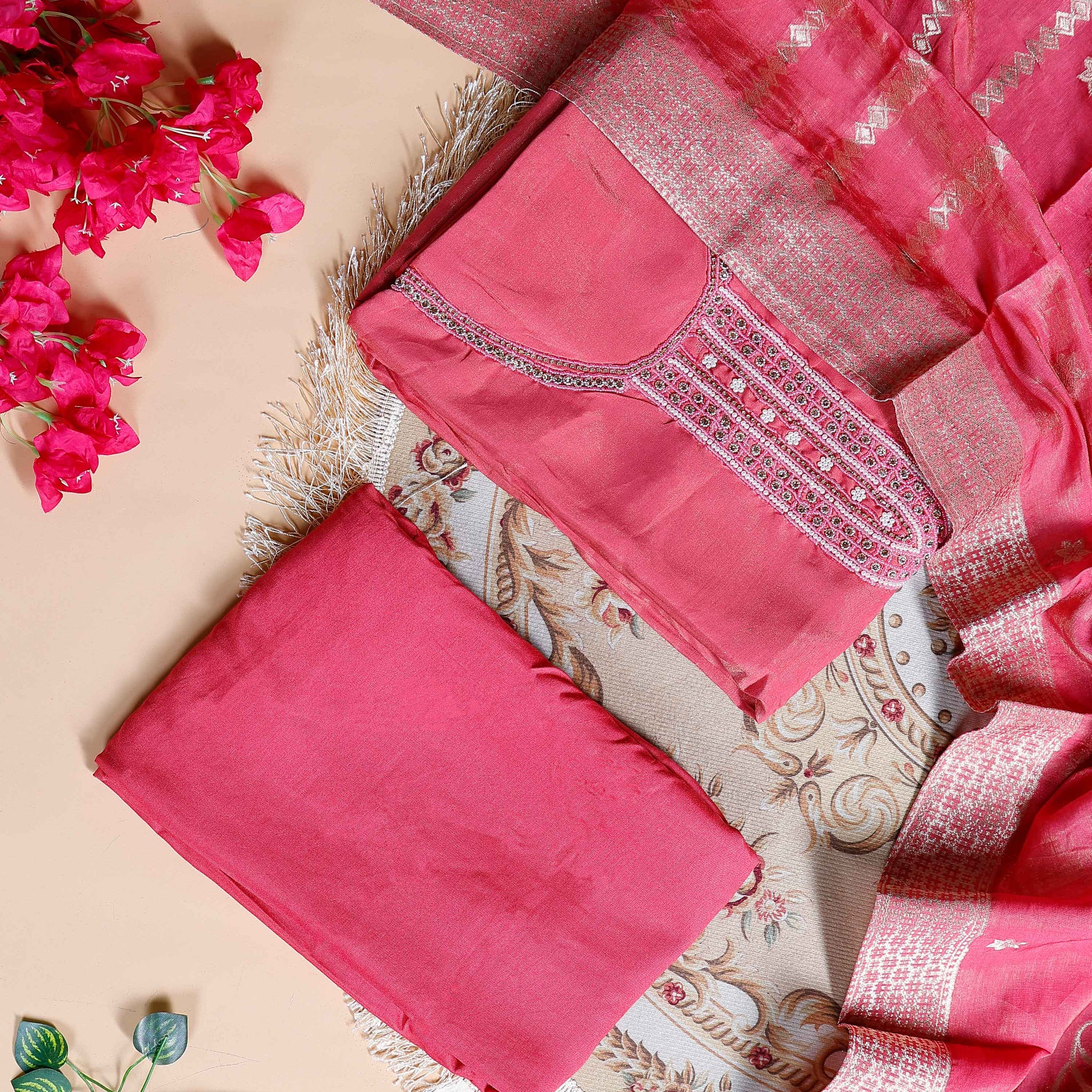 Women's Unstitched Salwar Material with Sequined Embroidery and Complementary Dupatta - Pink