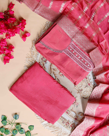 Women's Unstitched Salwar Material with Sequined Embroidery and Complementary Dupatta - Pink